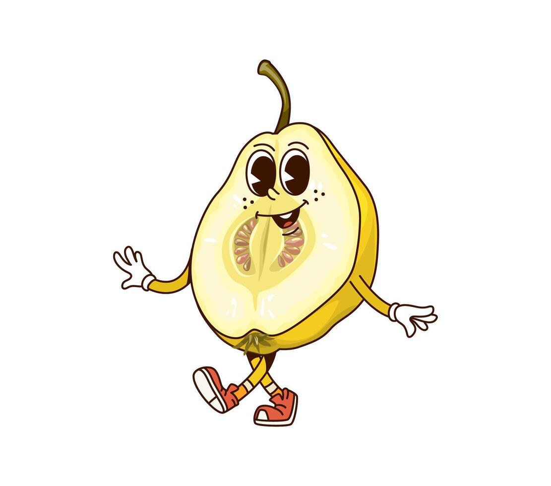 Groovy tropical half quince fruit retro character vector