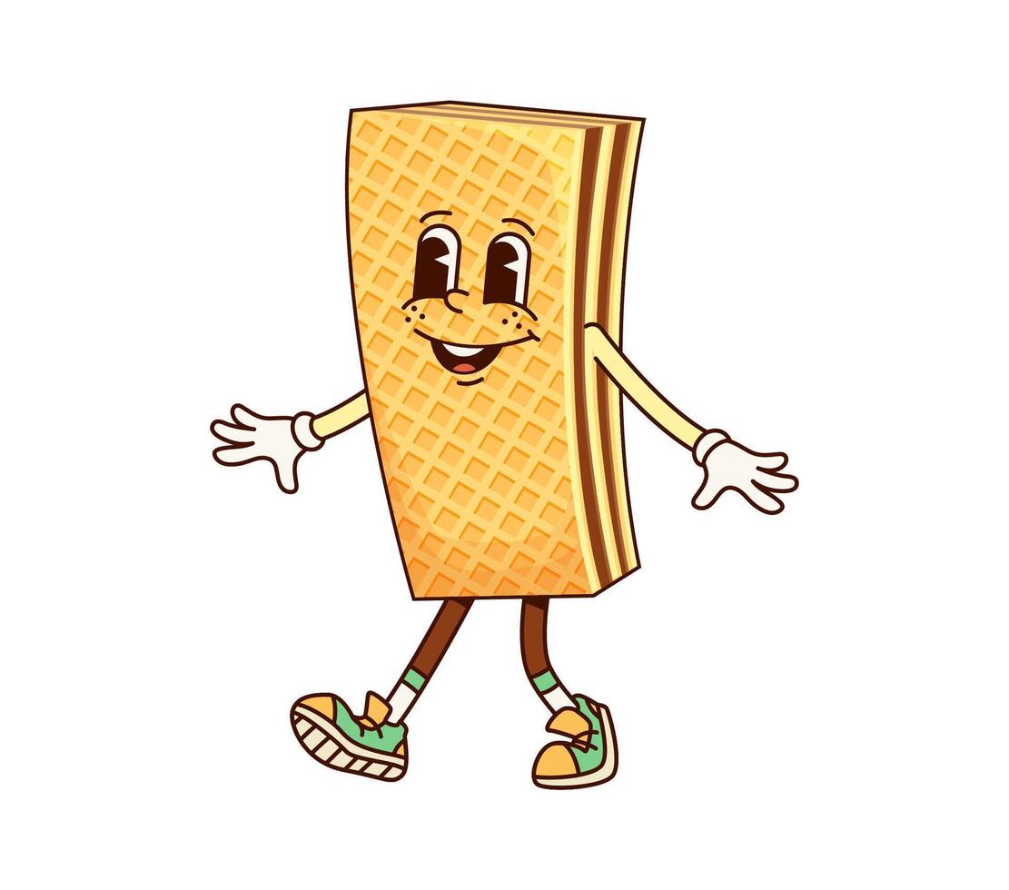 Funny groovy waffle character, cartoon cookie vector