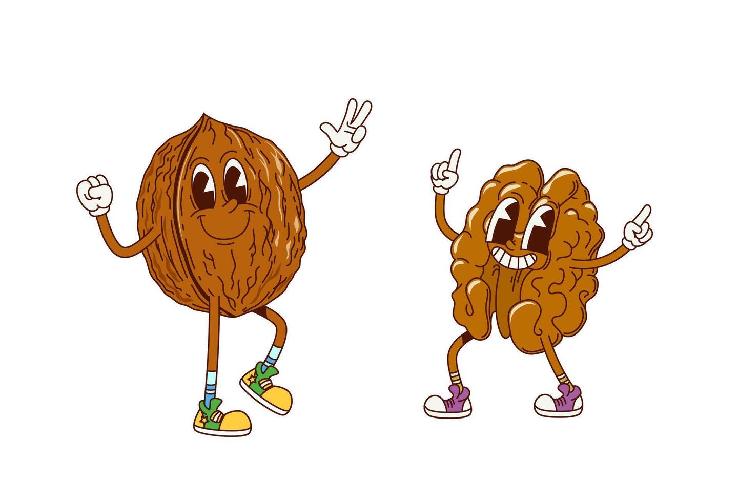Cartoon retro groovy walnut nut characters vector