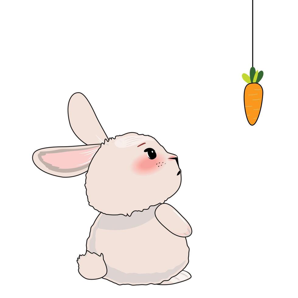 Outline cartoon of a bunny gazing at a dangling orange carrot above, isolated illustration vector