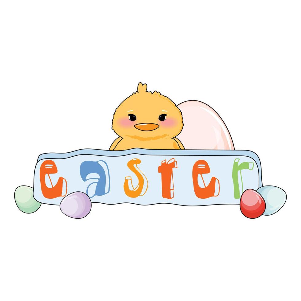 Child-friendly illustration of Easter sign with eggs and duck for festive designs vector