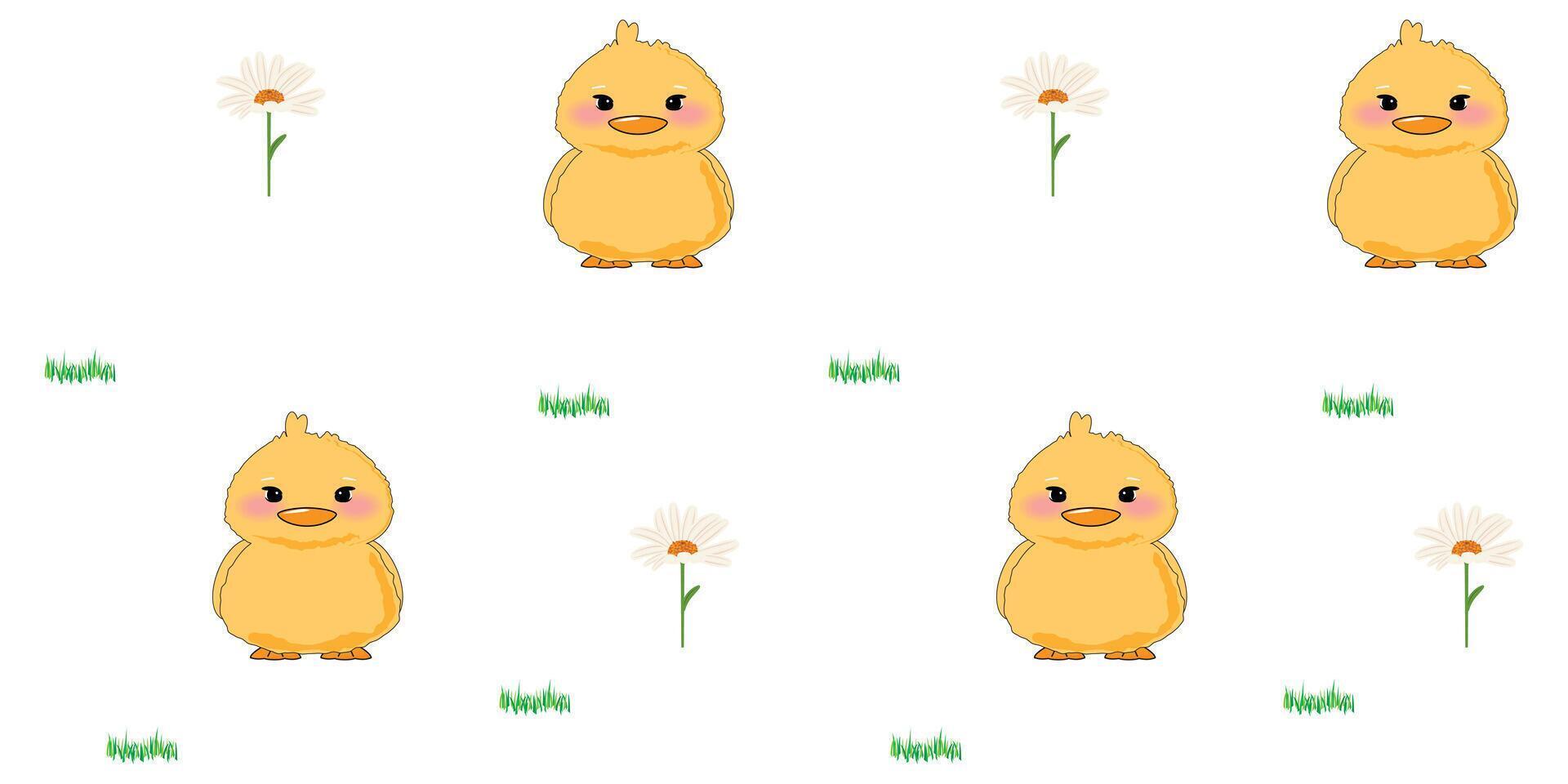 Playful seamless duck illustration with flowers and grass for cards and kids decor vector