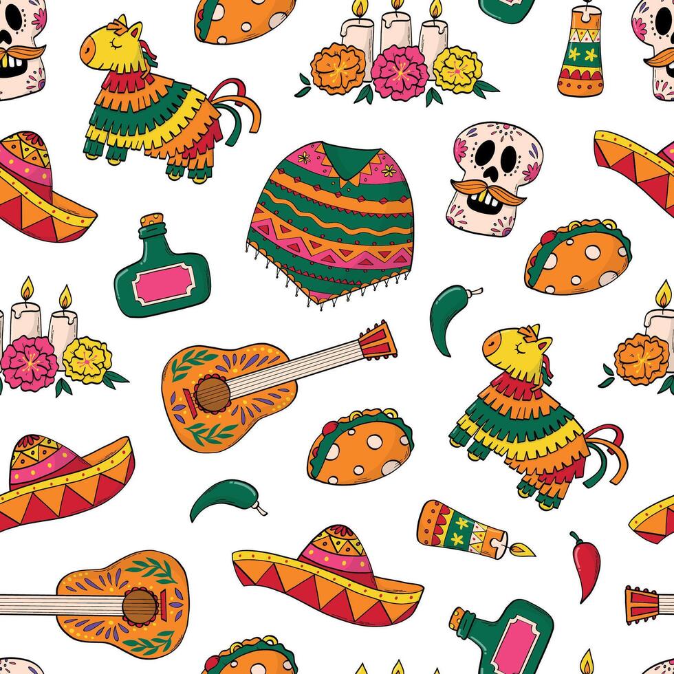 Mexican doodles, cartoon elements seamless pattern for wallpaper, backgrounds, textile prints, wrapping paper, digital paper, stationery, etc. Cinco de Mayo and Day of the dead theme. EPS 10 vector