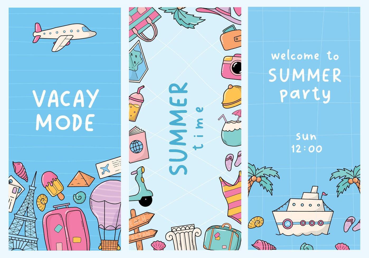 Summer banners collecton decorated with doodles for templates, invitations, cards, posters, etc. EPS 10 vector