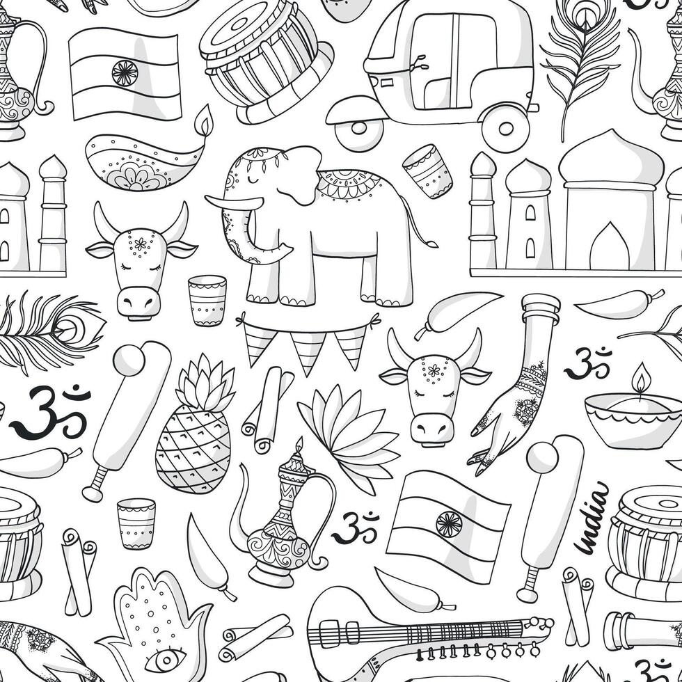 India seamless pattern with monochrome doodles, cartoon elements for coloring pages, books, stationery, wallpaper, backgrounds, packaging, wrapping paper, textile prints, etc. EPS 10 vector