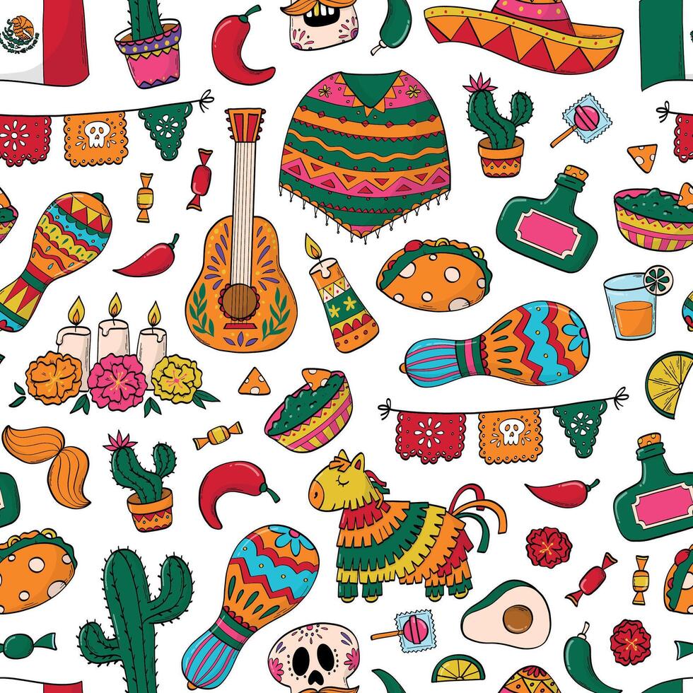 Mexican doodles seamless pattern for cinco de mayo, day of the dead textile prints, wallpaper, backgrounds, scrapbooking, stationery, wrapping paper, etc. EPS 10 vector