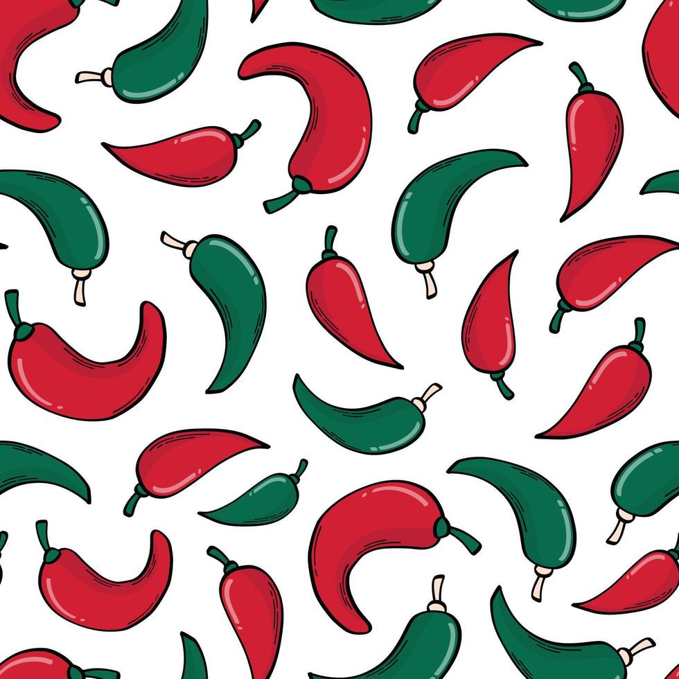 Hot chili peppers seamless pattern with doodles for kitchen textile, wallpaper, wrapping paper, backgrounds, scrapbooking, etc. EPS 10 vector