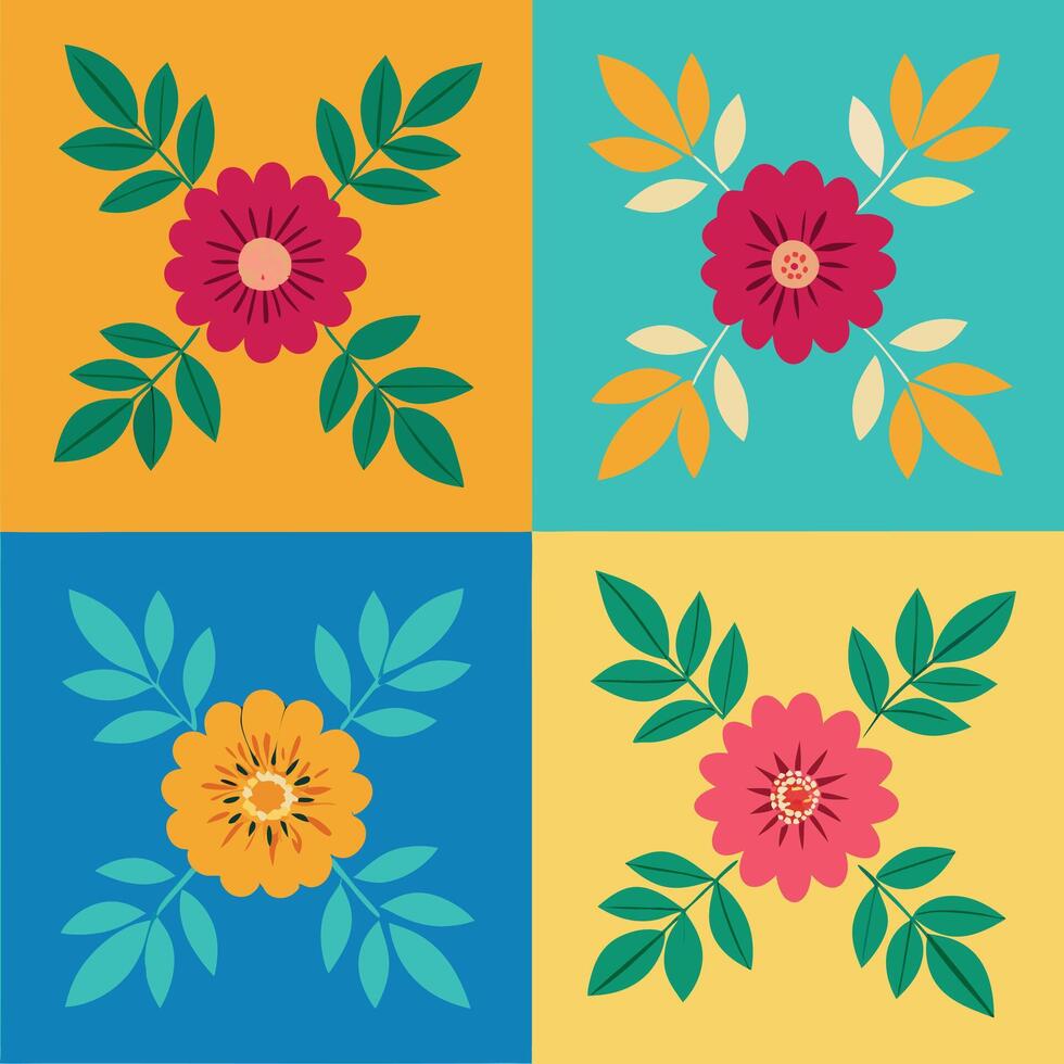 four different floral designs on a square background vector