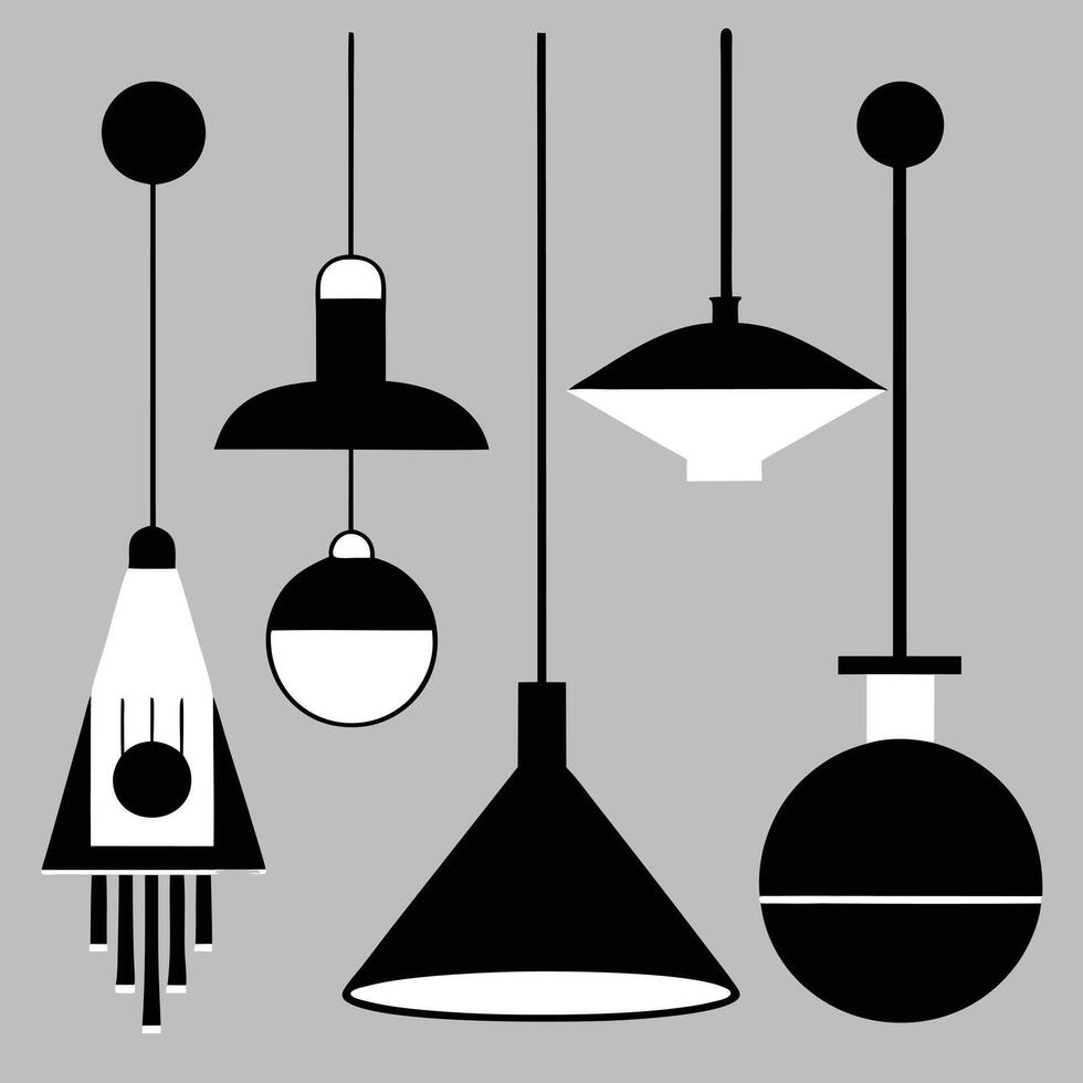 a set of black and white lamps hanging from a chain vector