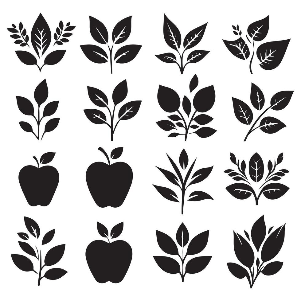 Black and white silhouettes of leaves and apples design on a white background vector
