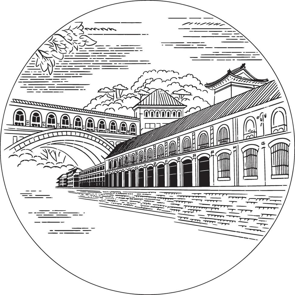 building and bridge line art design vector