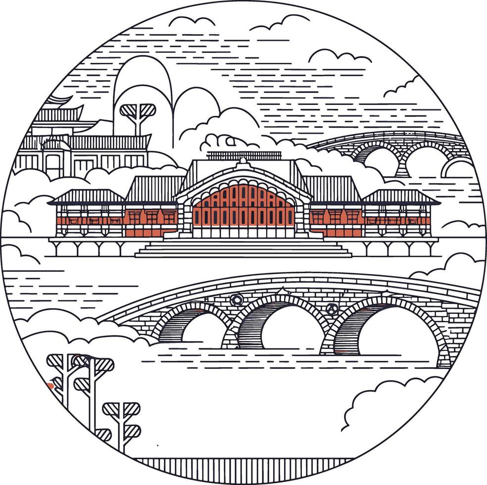 building and bridge line art design stock photos vector