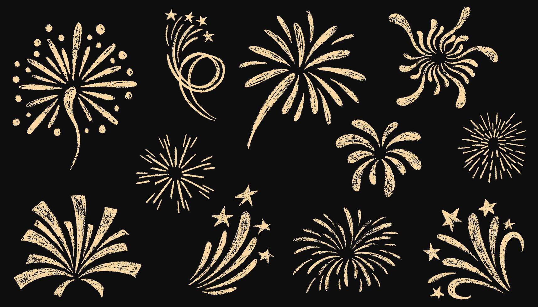 Doodle crayon fireworks. Set of colorful pencil drawn lightning, explosion, sun rays, swirls, firecrackers, sparkles, motion effects. Bursting rays line icon. illustration in kid's style. vector