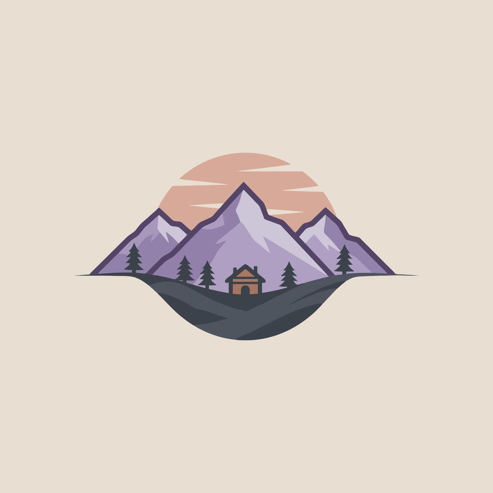 Cabin in Mountains with Pines and Rising Sun Minimalist Illustration vector