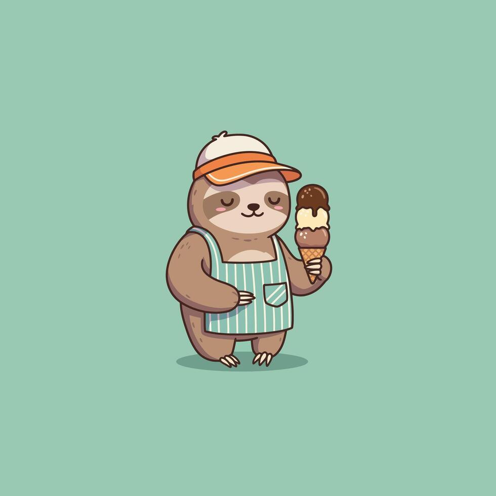 Sloth Holding Ice Cream Cone Illustration on Solid Teal Background vector