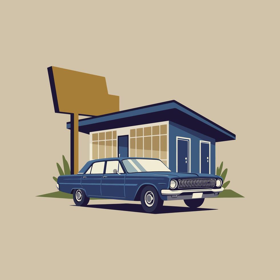 Vintage Car Parked by a Retro Motel with Blank Sign vector