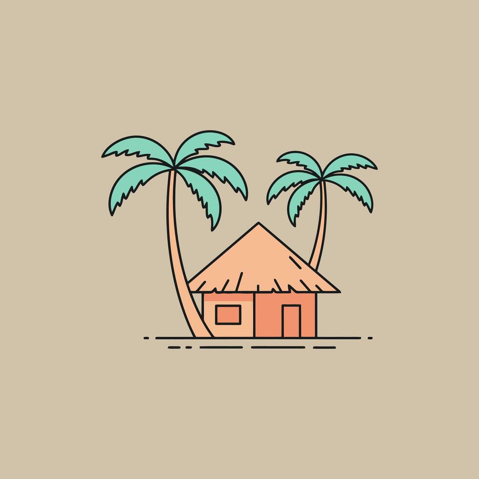 Tropical Hut with Palm Trees in a Relaxing Beach Setting vector