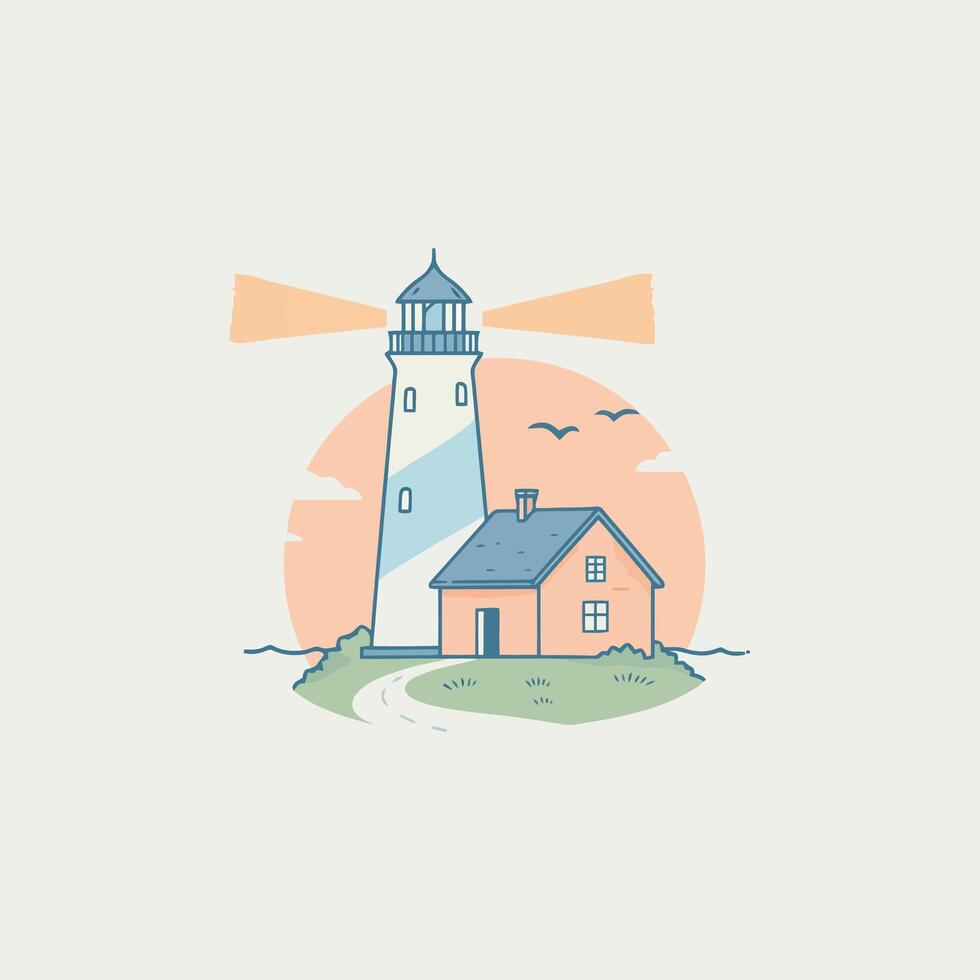 Coastal Lighthouse with House Illustration Simple Clean Line Art Design vector