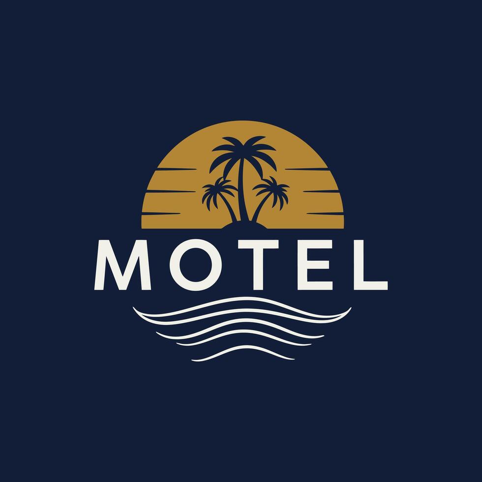 Designing Minimalist Motel Logo with Palm Trees Sun and Waves vector