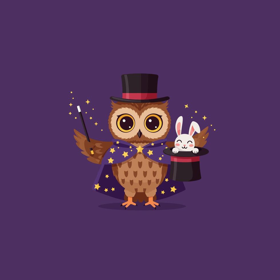 Cartoon Owl Performing Magic Trick with Rabbit and Star Sparkles vector
