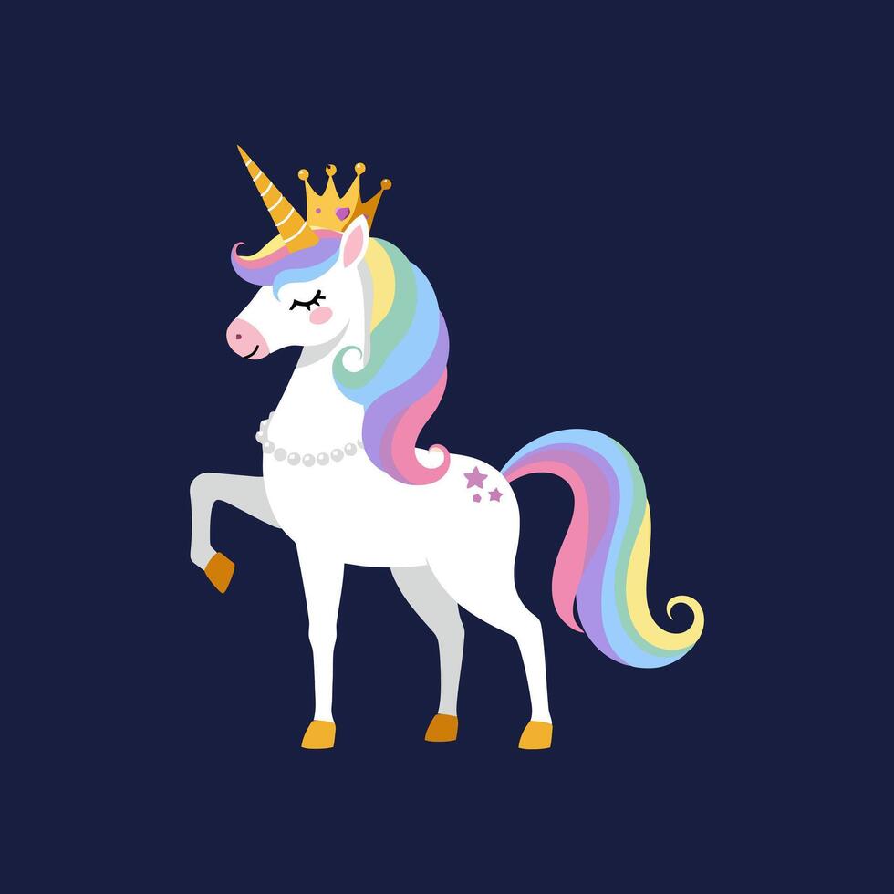 Cartoon Unicorn Standing with Crown and Rainbow Mane on Dark Background vector