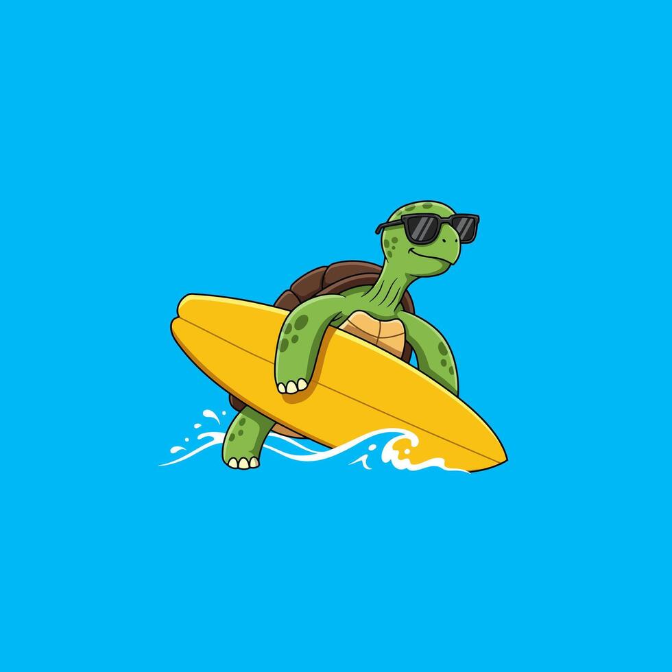 Turtle Surfing Cartoon Illustration on Board with Blue Background vector