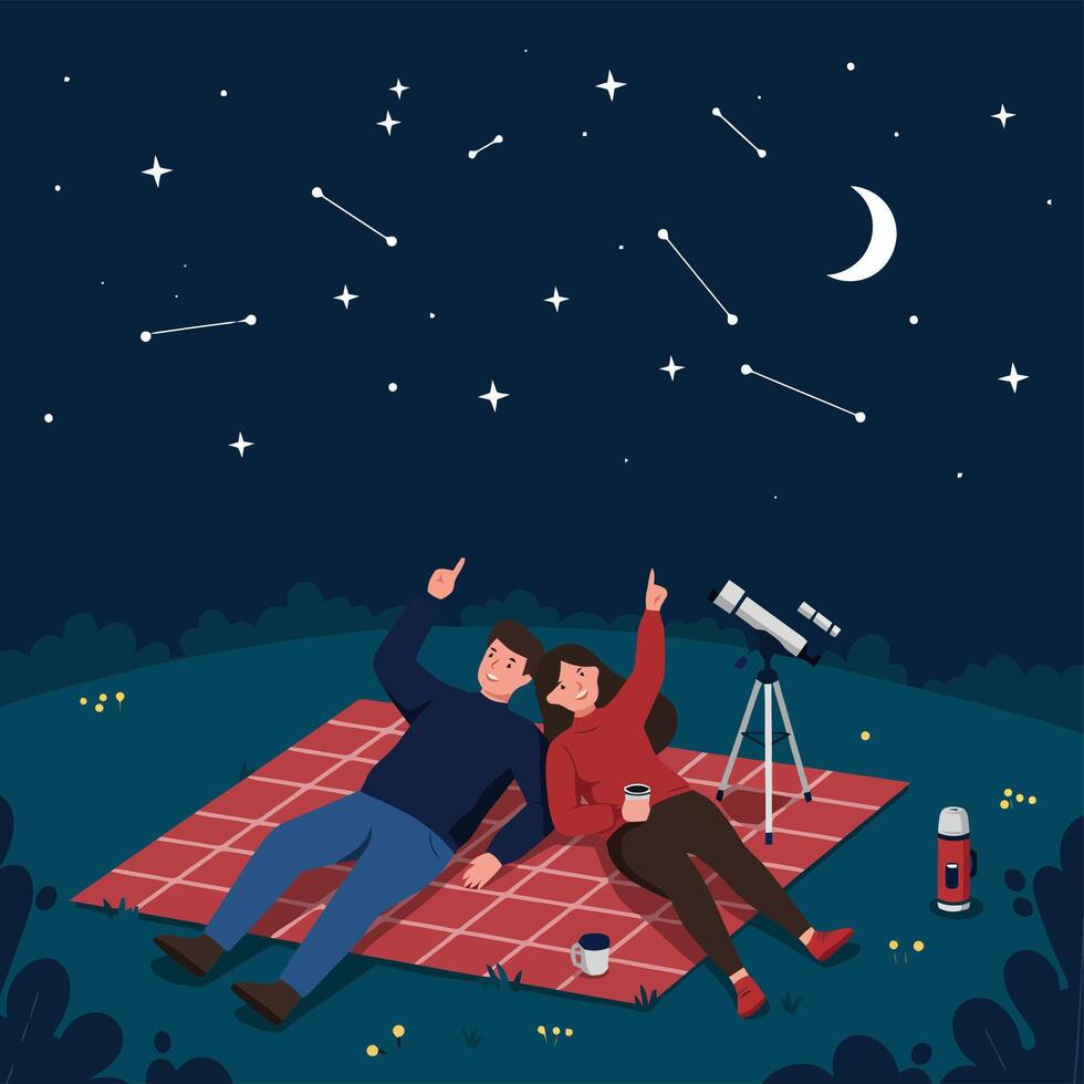 Couple Stargazing at Night Lying on Blanket Using Telescope vector