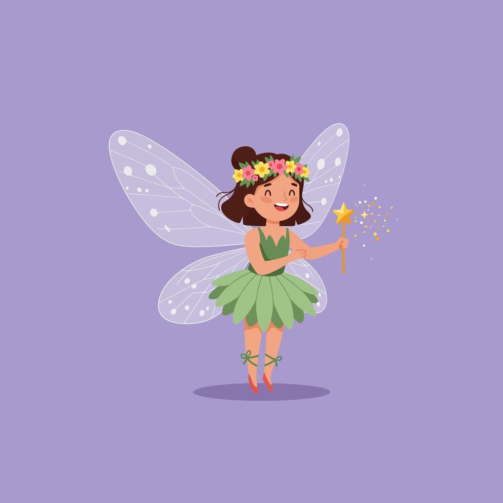 Smiling Fairy Holding Magic Wand with Star Casting Glitter Particles vector
