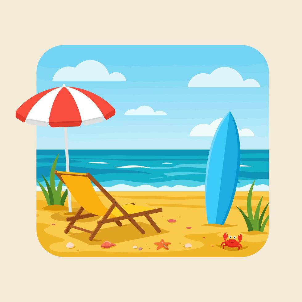 Cartoon Beach Scene with Chair, Surfboard and Umbrella for Relaxation vector