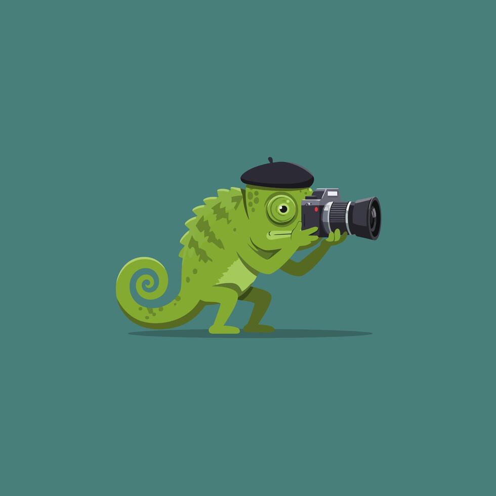 Chameleon Taking Photo with Camera Wearing Beret Illustration vector