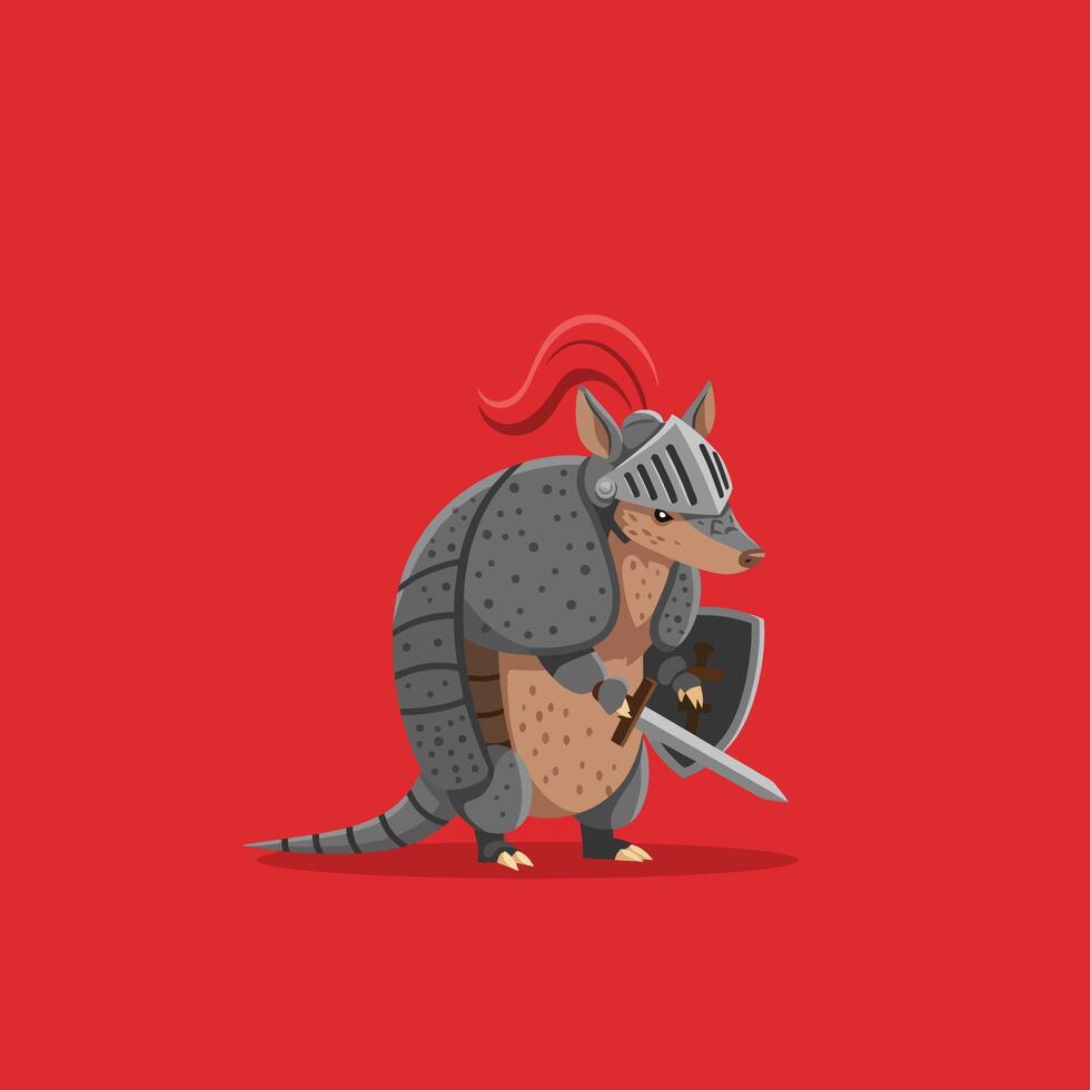 Armadillo Cartoon Character Wearing Knight Armor Holding Sword and Shield vector