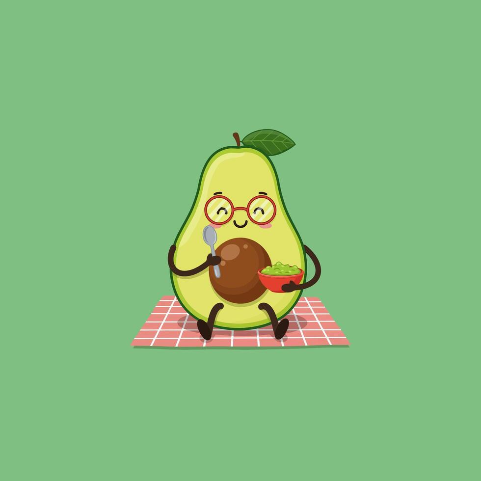 Avocado Cartoon Character Enjoying Snack on Checkered Blanket Illustration vector