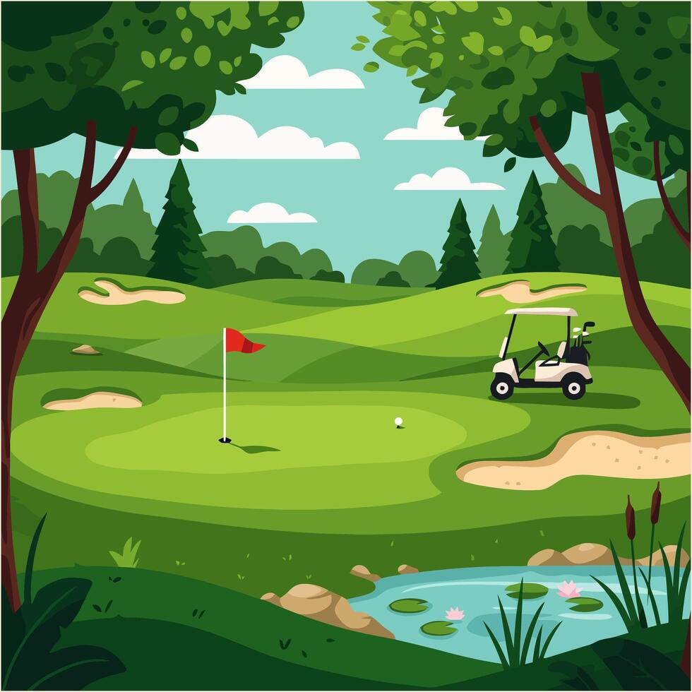 Playing Golf on a Peaceful Green Course with Trees and Pond vector