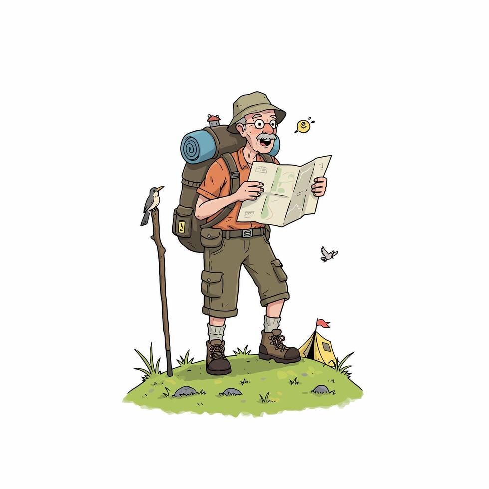 Cartoon Hiker Reading Map on Hilltop Campground Adventure Illustration vector