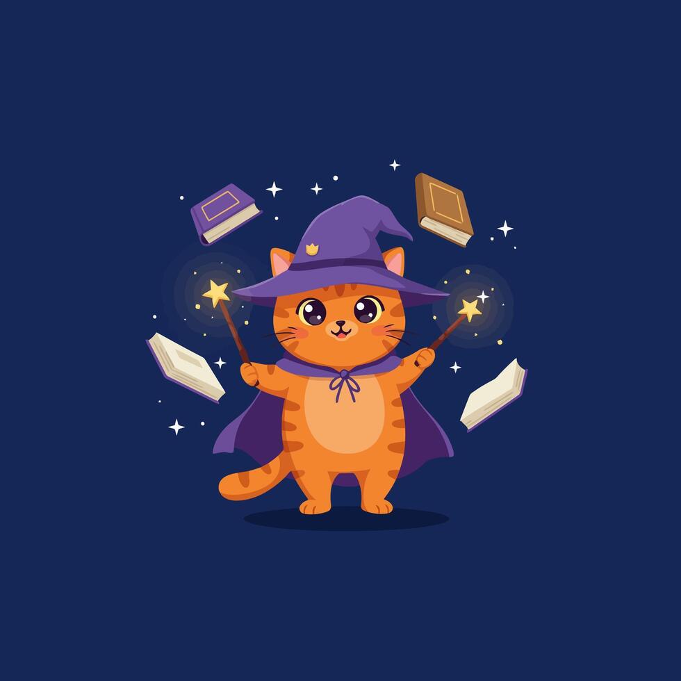 Cartoon Cat Wizard Casting Spell with Magic Wand and Books vector