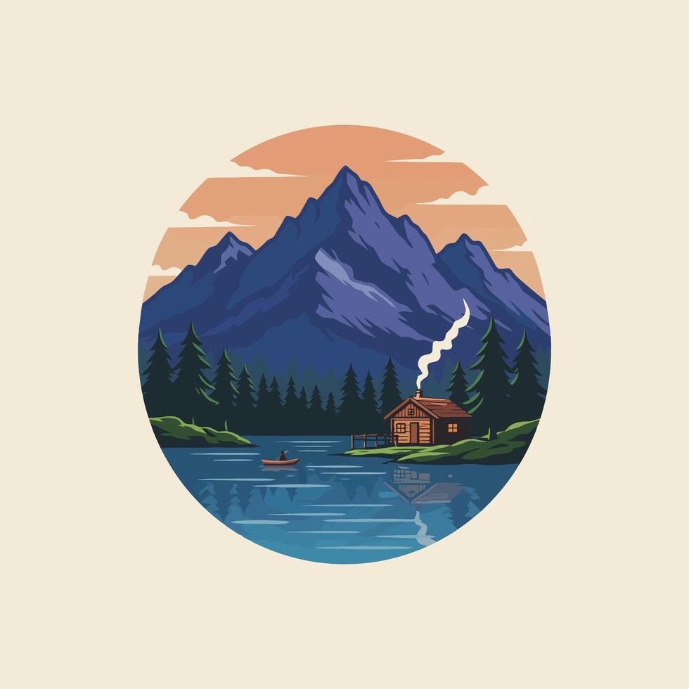Cabin by Lake with Mountain Views Peaceful Nature Scenery Illustration vector