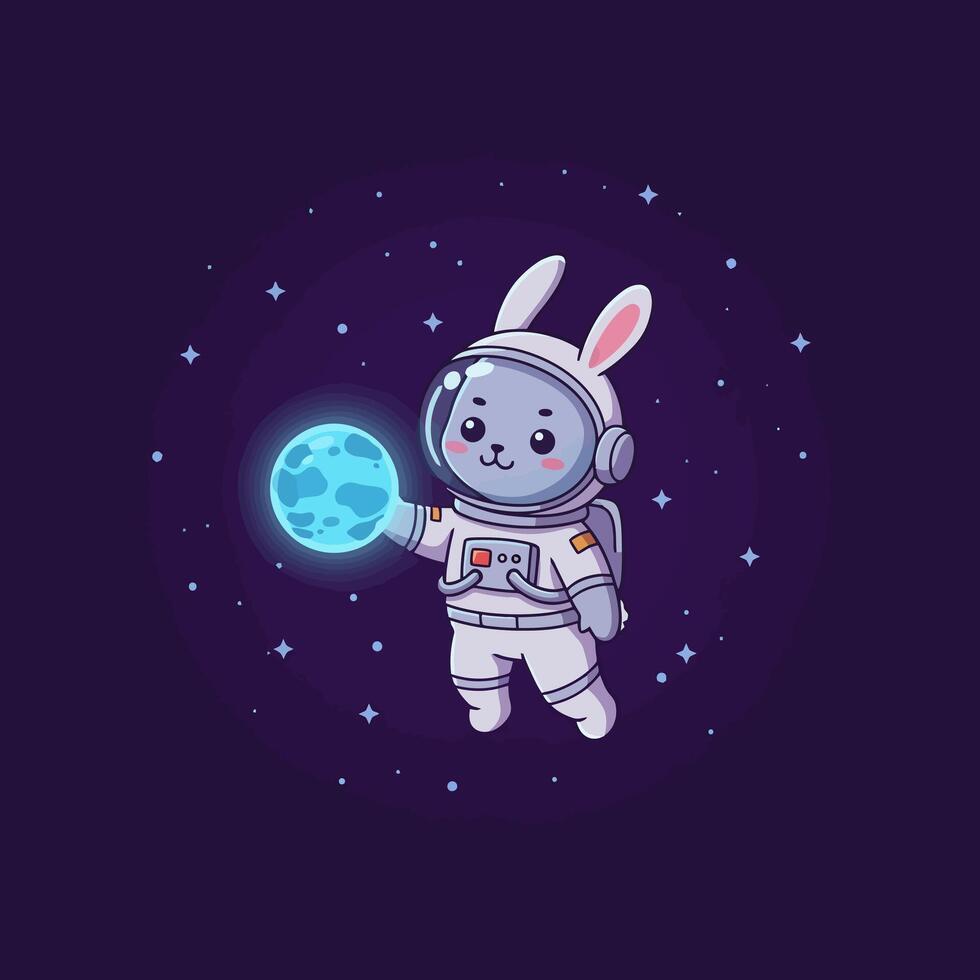 Astronaut Rabbit Floating in Space Holding a Glowing Blue Orb vector