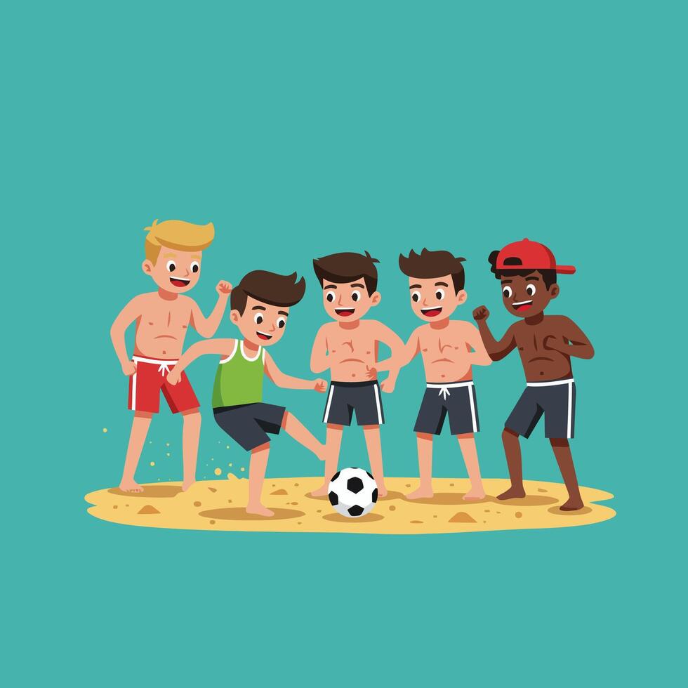 Cartoon Boys Playing Soccer on Beach Having Fun in Summer vector