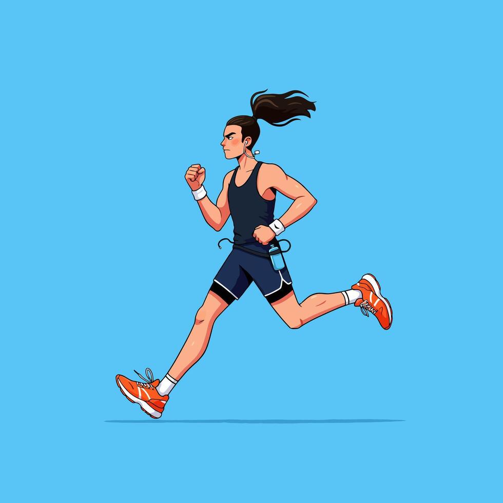 Man Running with Ponytail, Wearing Tank Top and Blue Shorts Illustration vector
