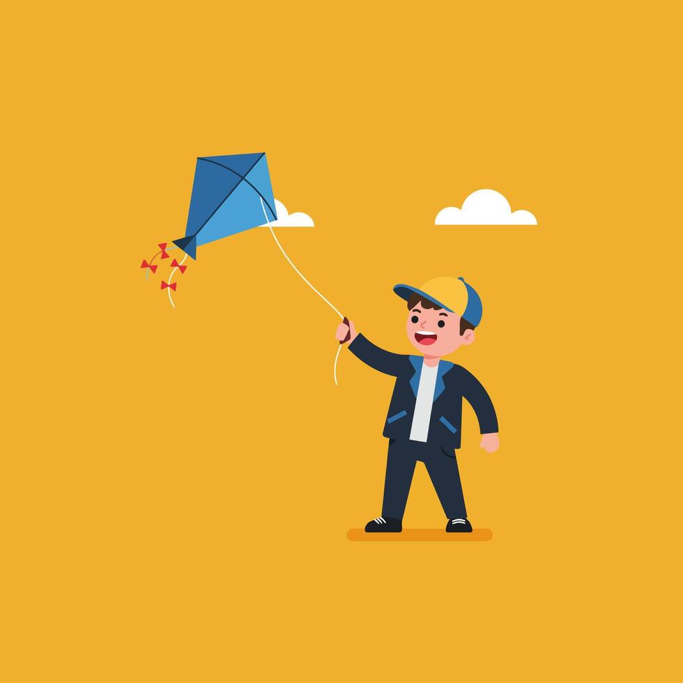 Boy Flying Kite Outdoors on Yellow Background with Clouds Illustration vector