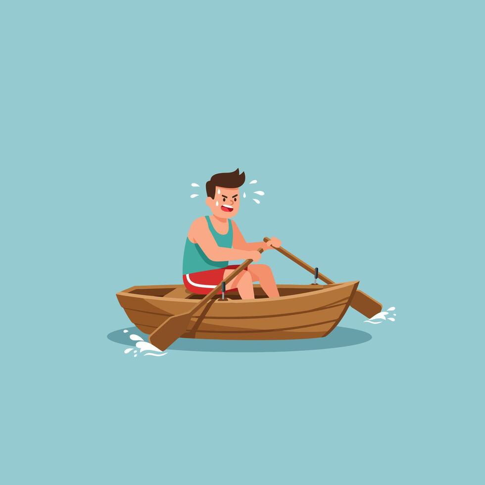 Man Rowing with Intense Effort in a Wooden Boat on Water vector