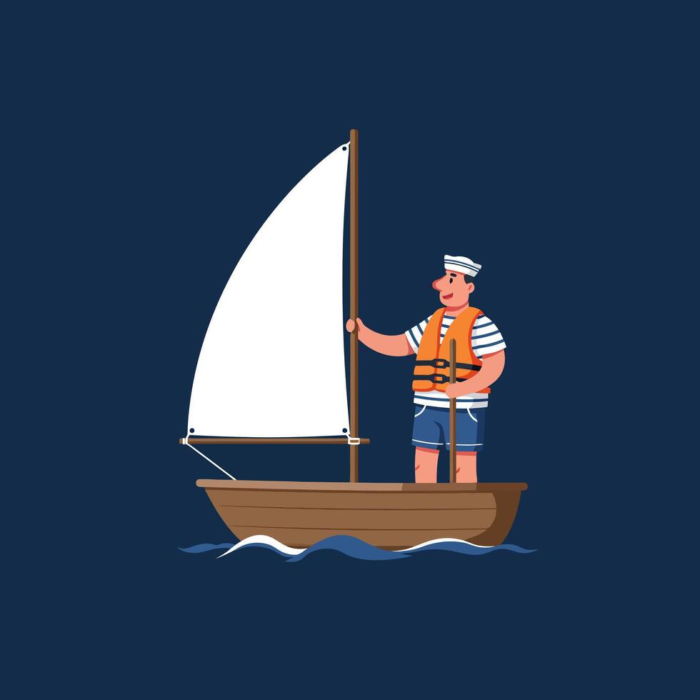 Man Sailing Small Boat Wearing Safety Vest on the Water vector