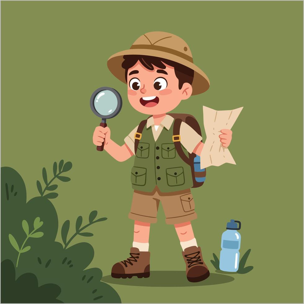 Boy Exploring with Magnifying Glass and Map in Nature Illustration vector