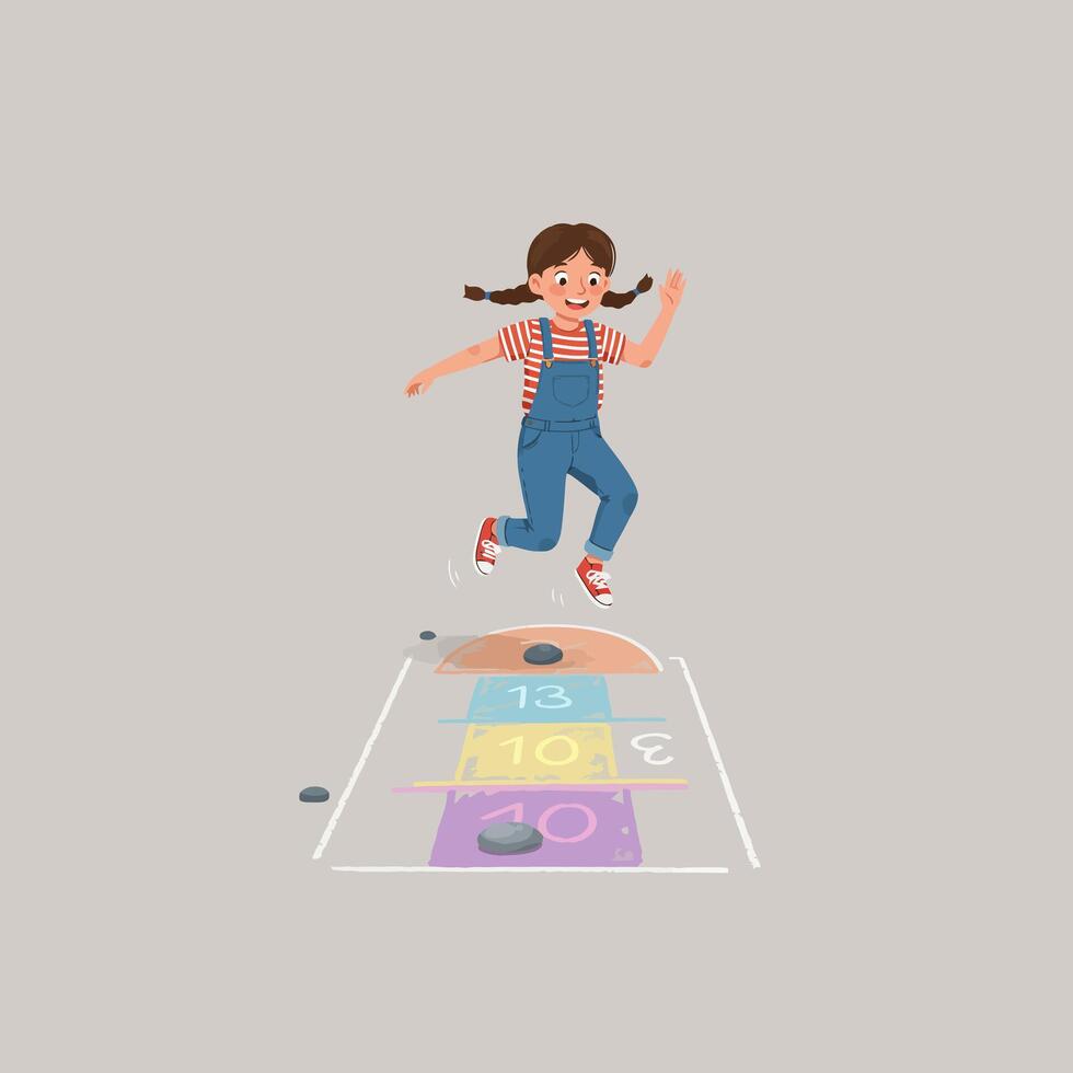 Girl Playing Hopscotch Jumping with Joyful Expression and Colorful Numbers vector