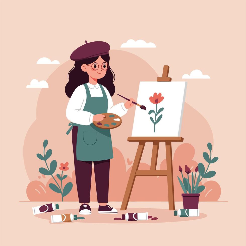 Woman Painting Flower on Canvas with Palette and Brush in Studio vector