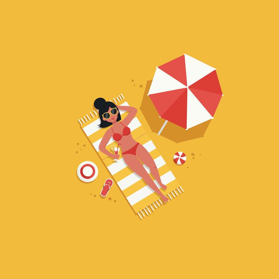 Woman Sunbathing on Beach with Drink Under Umbrella Summer Relaxation vector