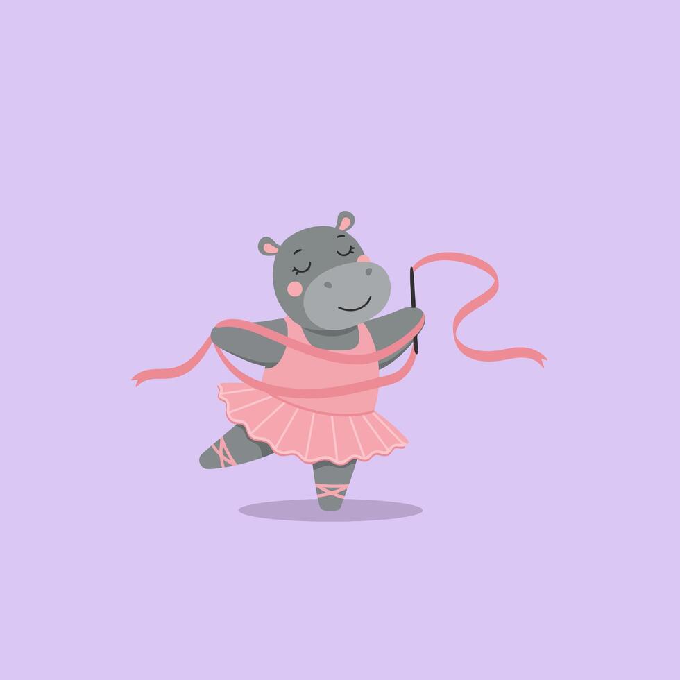 Hippo Ballerina Performing with Ribbon in Pink Tutu on Purple Background vector