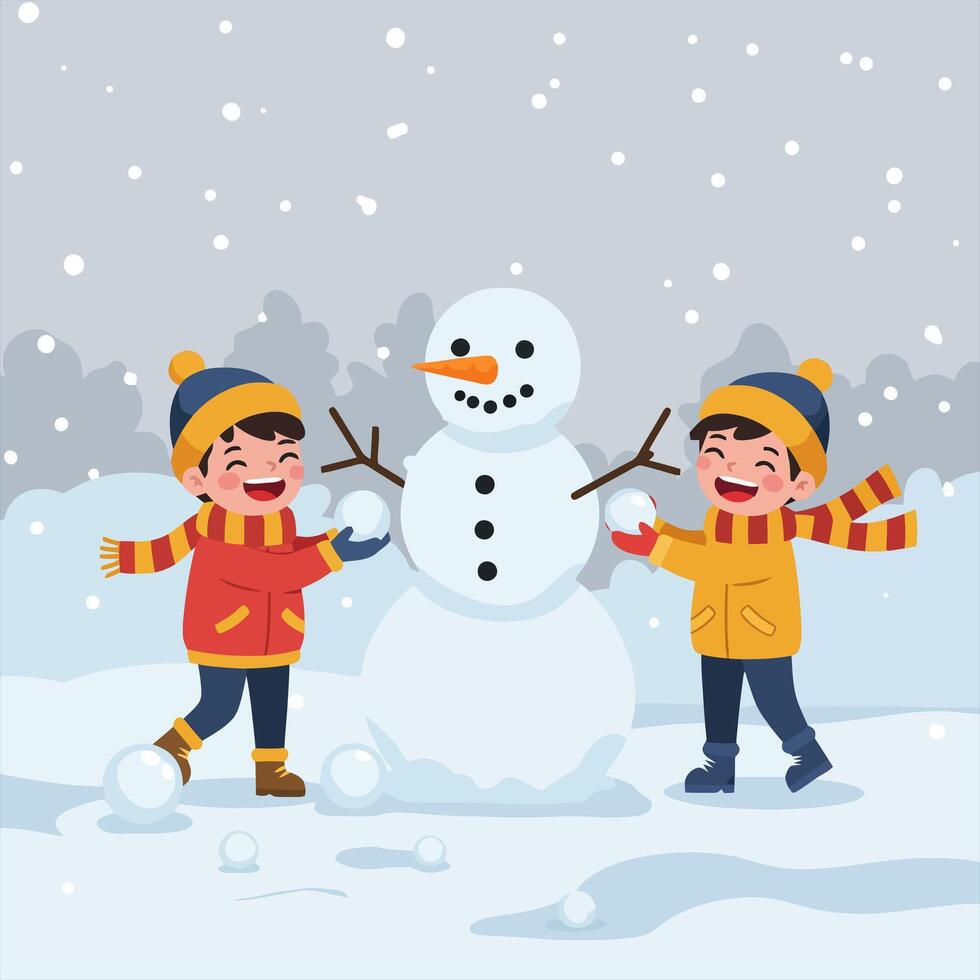 Children Building Snowman in Snowy Winter Scene with Cartoon Style vector