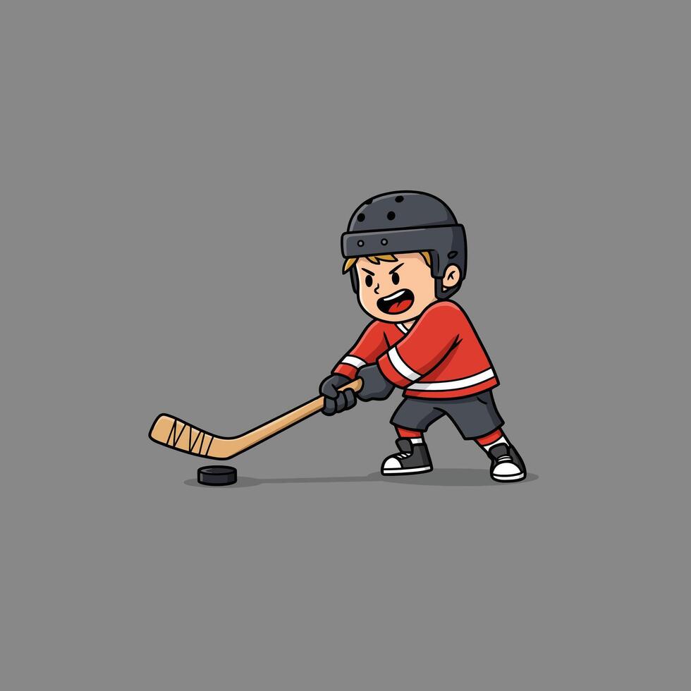Cartoon Boy Playing Ice Hockey with Stick and Puck Illustration vector