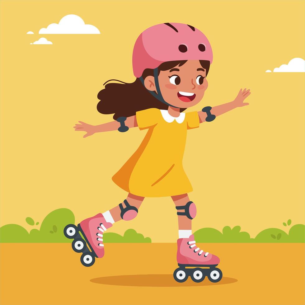 Girl Roller Skating with Safety Gear in a Park Illustration vector